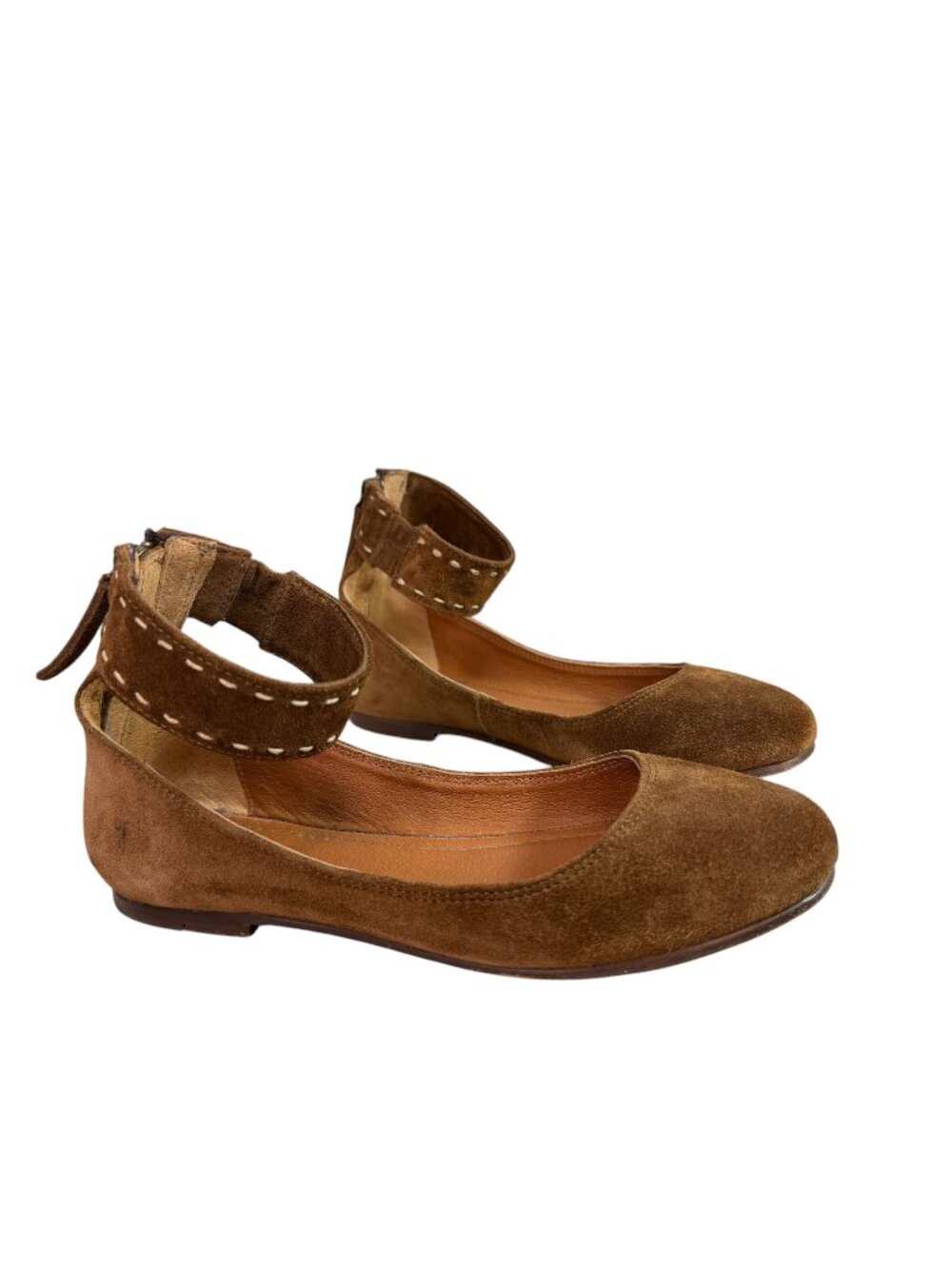 Frye Carson Ankle Ballet Flat in Caramel Brown Suede $175 Ankle Strap Size 6.5